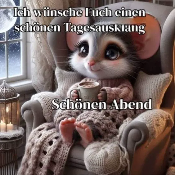 Ein niedliches Cartoon-Mäuschen sitzt gemütlich eingekuschelt in einer Decke auf einem Sessel, hält eine Tasse und blickt auf eine winterliche Mondnacht mit einer Laterne.